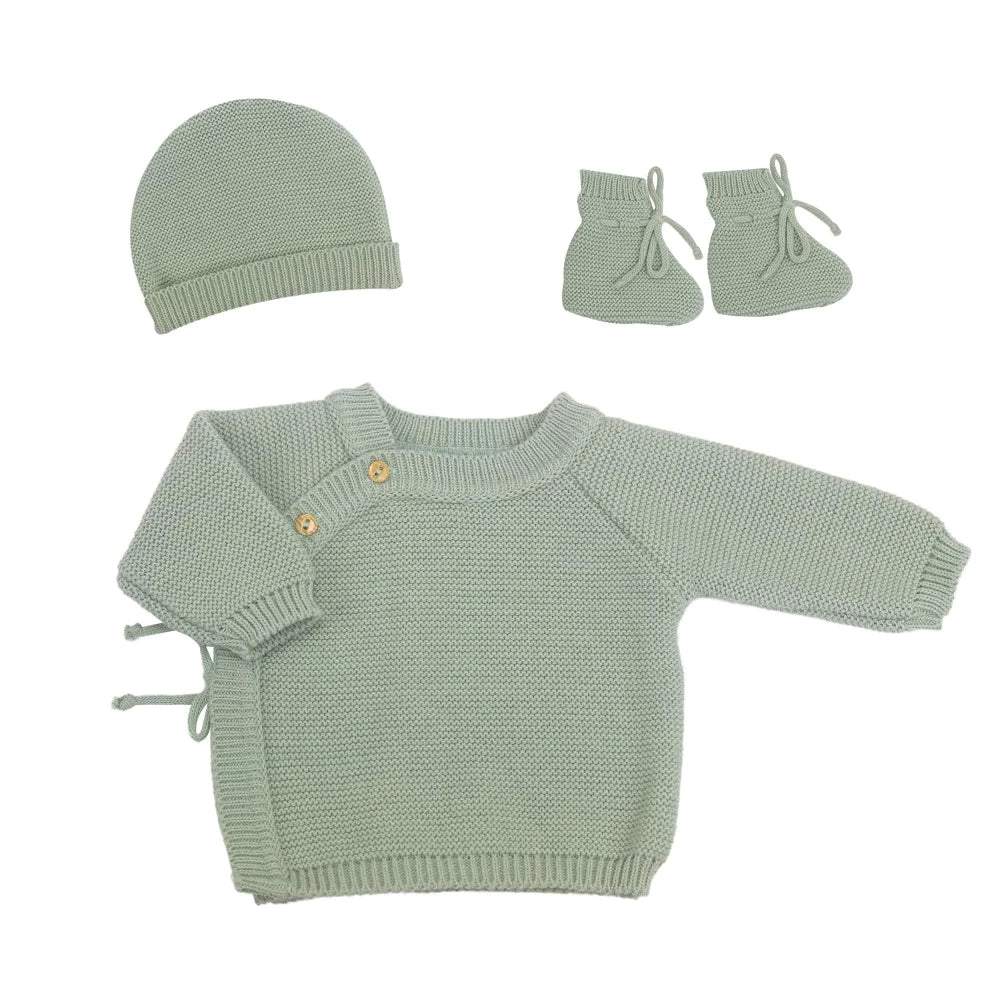 Trousseau naissance - Brassière chaussons et bonnet olive TROIS KILOS SEPT